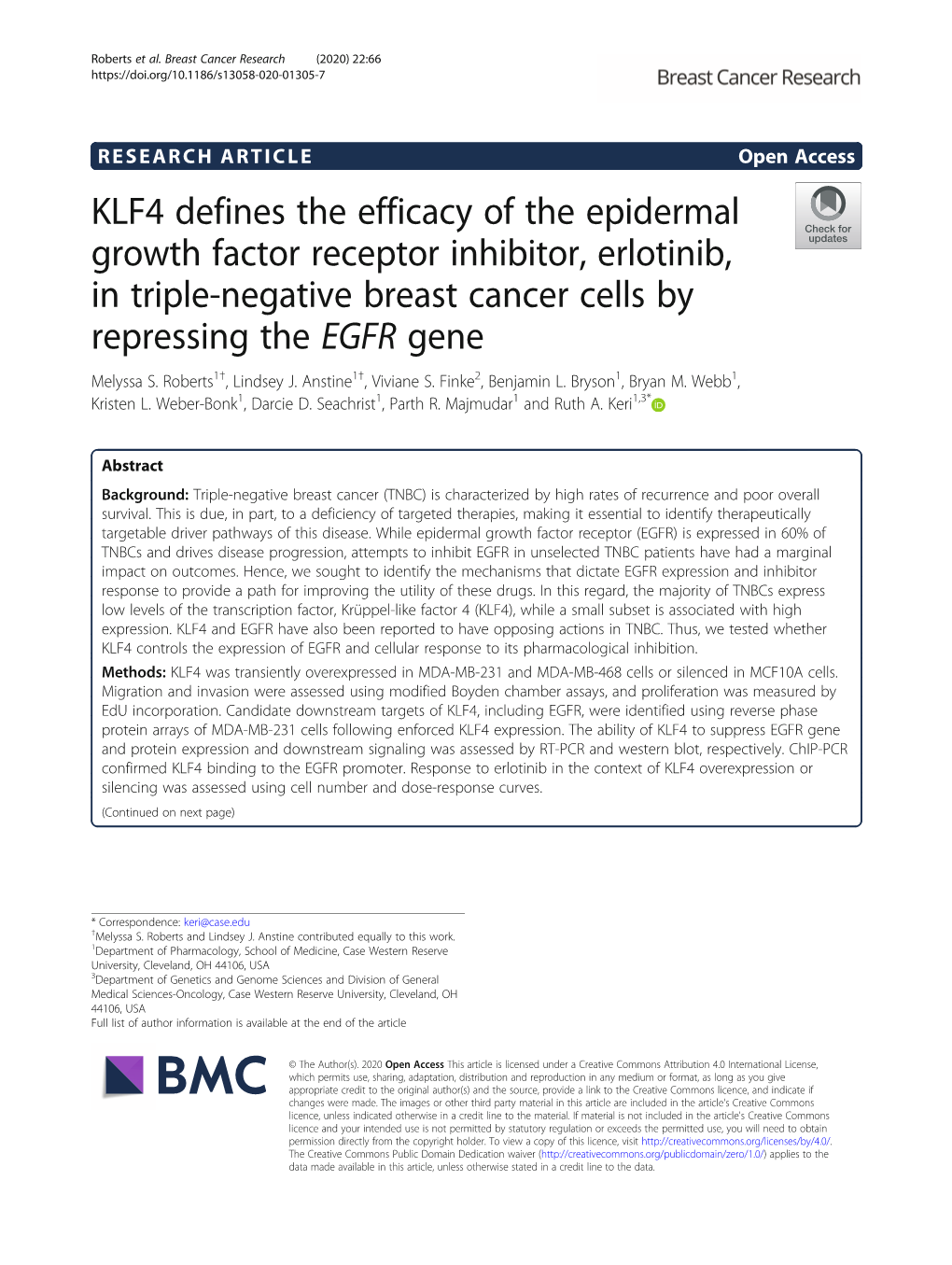 KLF4 Defines the Efficacy of the Epidermal Growth Factor Receptor Inhibitor, Erlotinib, in Triple-Negative Breast Cancer Cells by Repressing the EGFR Gene Melyssa S