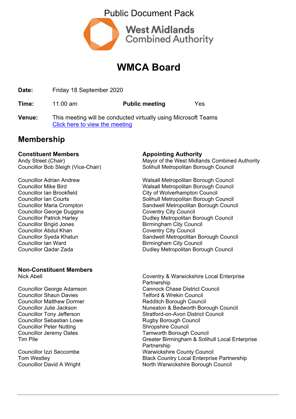 (Public Pack)Agenda Document for WMCA Board, 18/09/2020 11:00