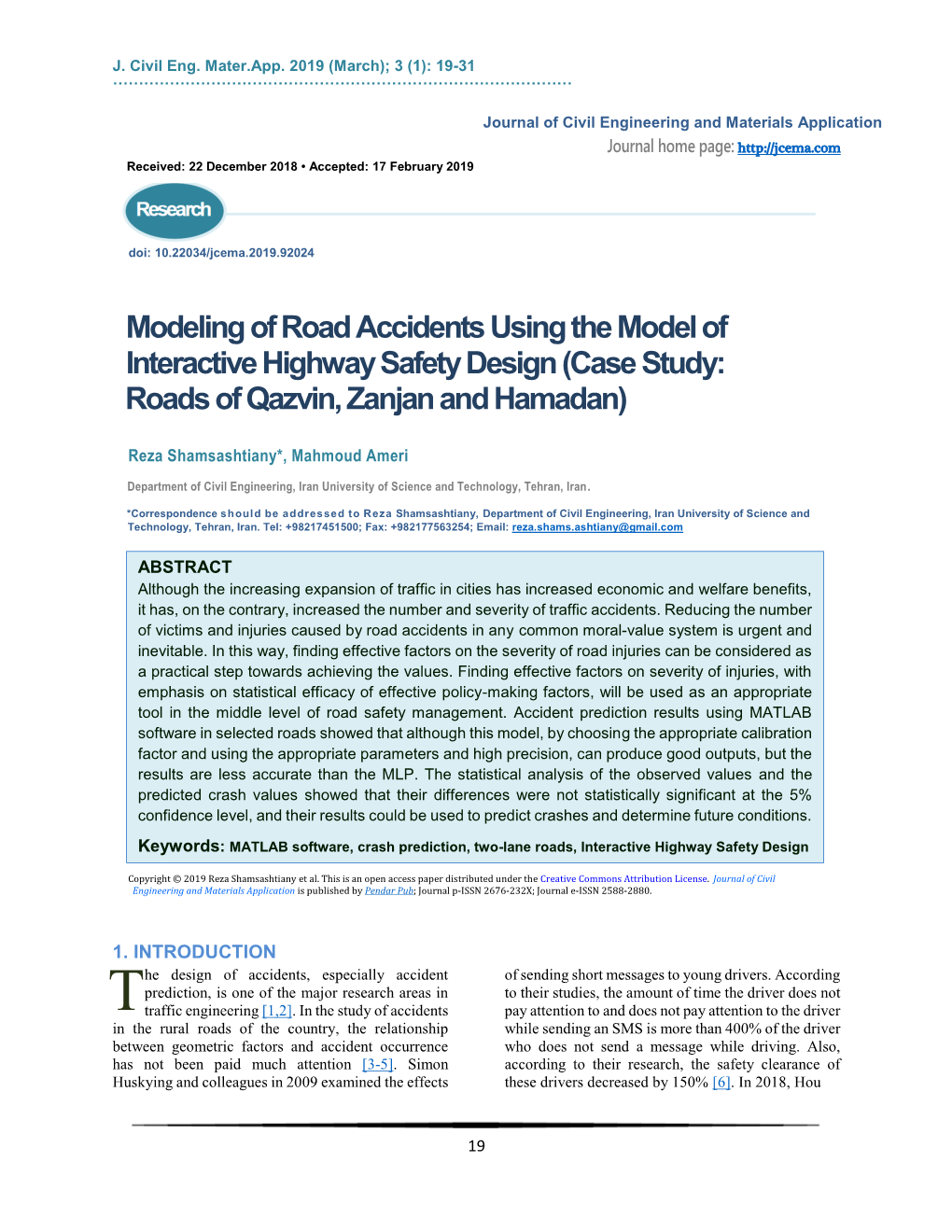 Modeling of Road Accidents Using the Model of Interactive Highway Safety Design (Case Study: Roads of Qazvin, Zanjan and Hamadan)