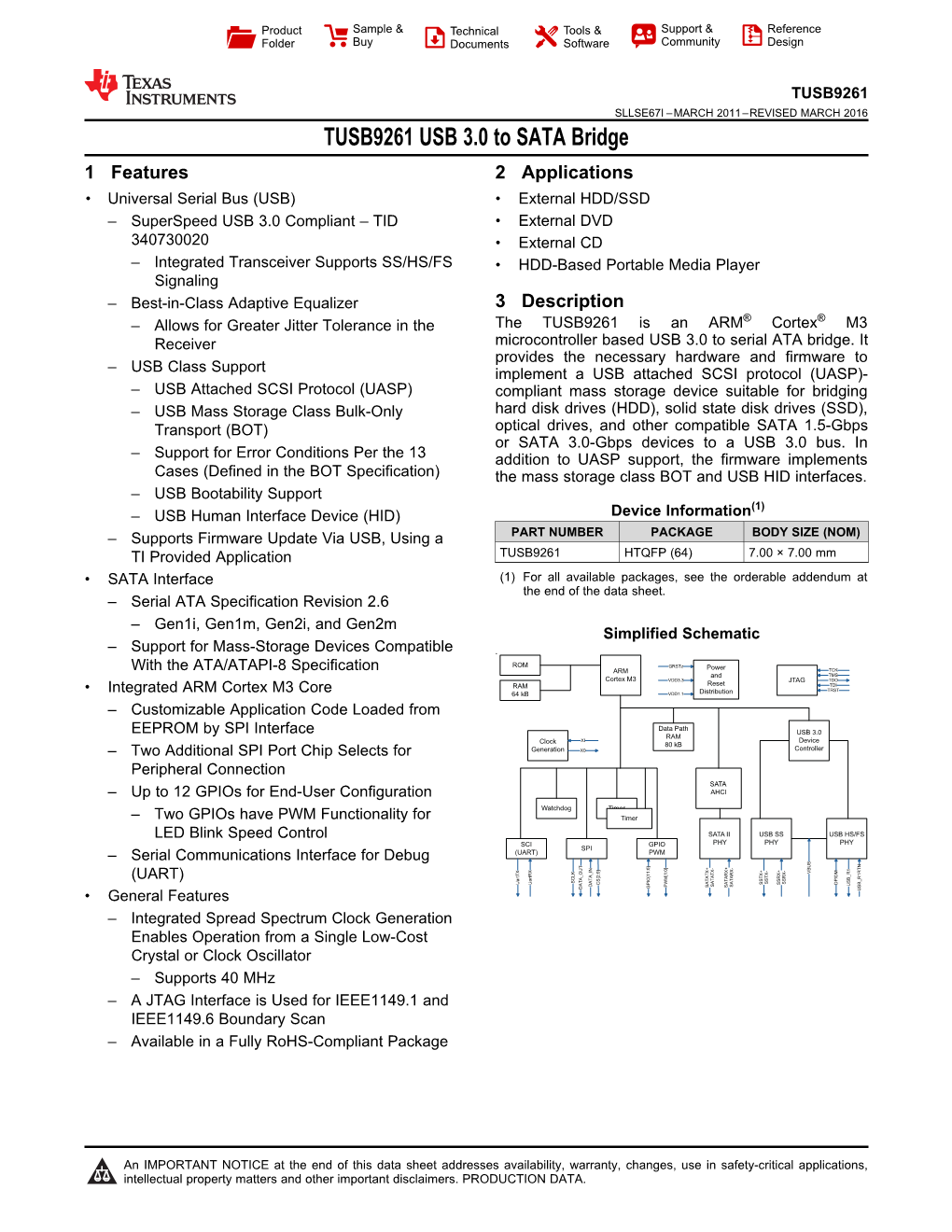 TUSB9261 USB 3.0 to SATA Bridge Datasheet (Rev. I)