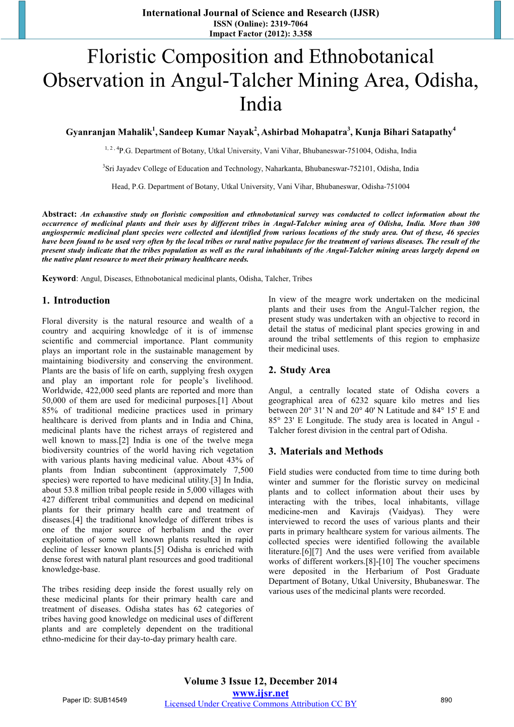 Floristic Composition and Ethnobotanical Observation in Angul-Talcher Mining Area, Odisha, India