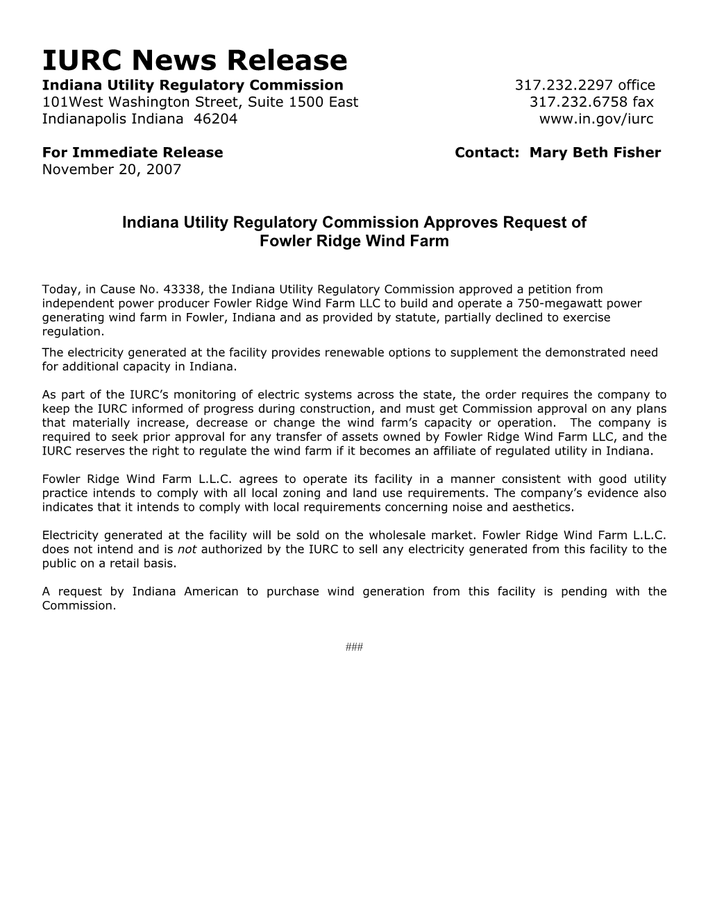 Indiana Utility Regulatory Commission Approves Request of Fowler Ridge Wind Farm