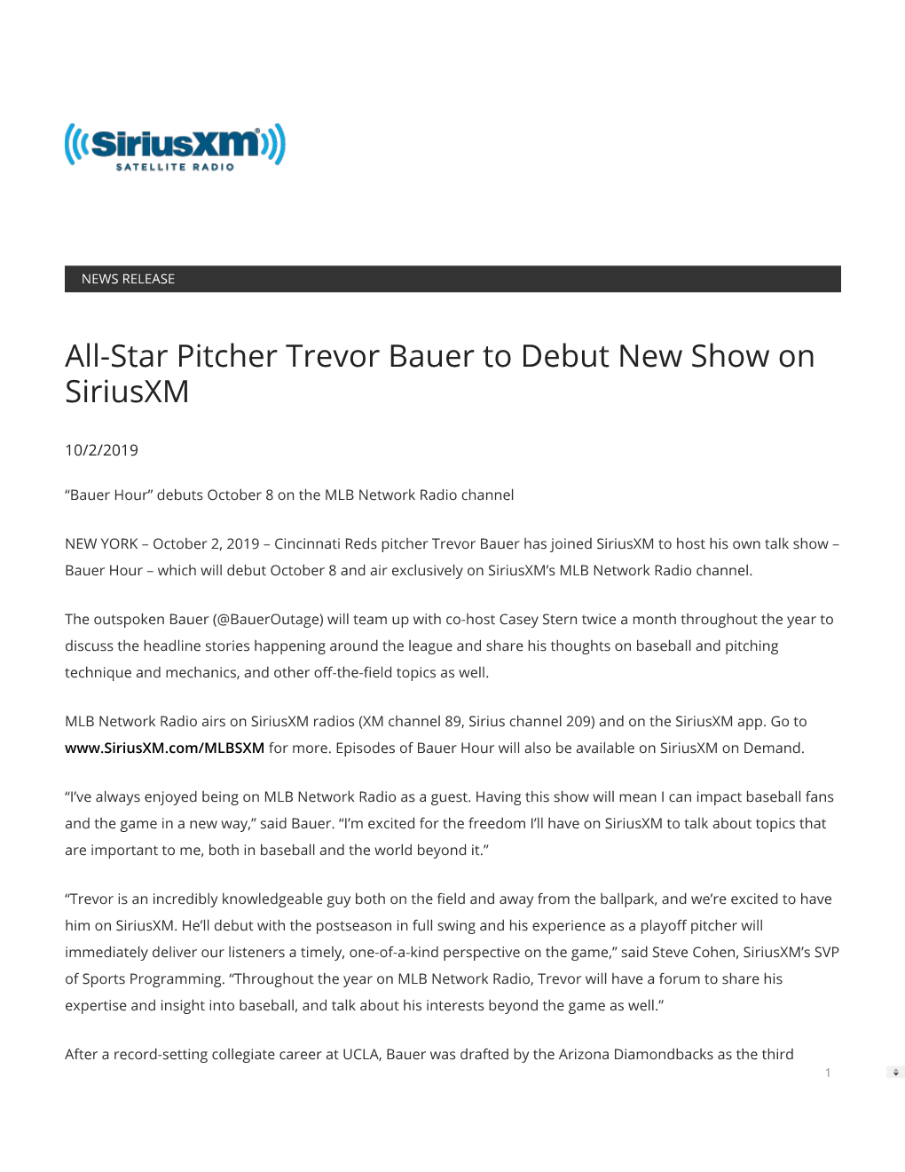 All-Star Pitcher Trevor Bauer to Debut New Show on Siriusxm