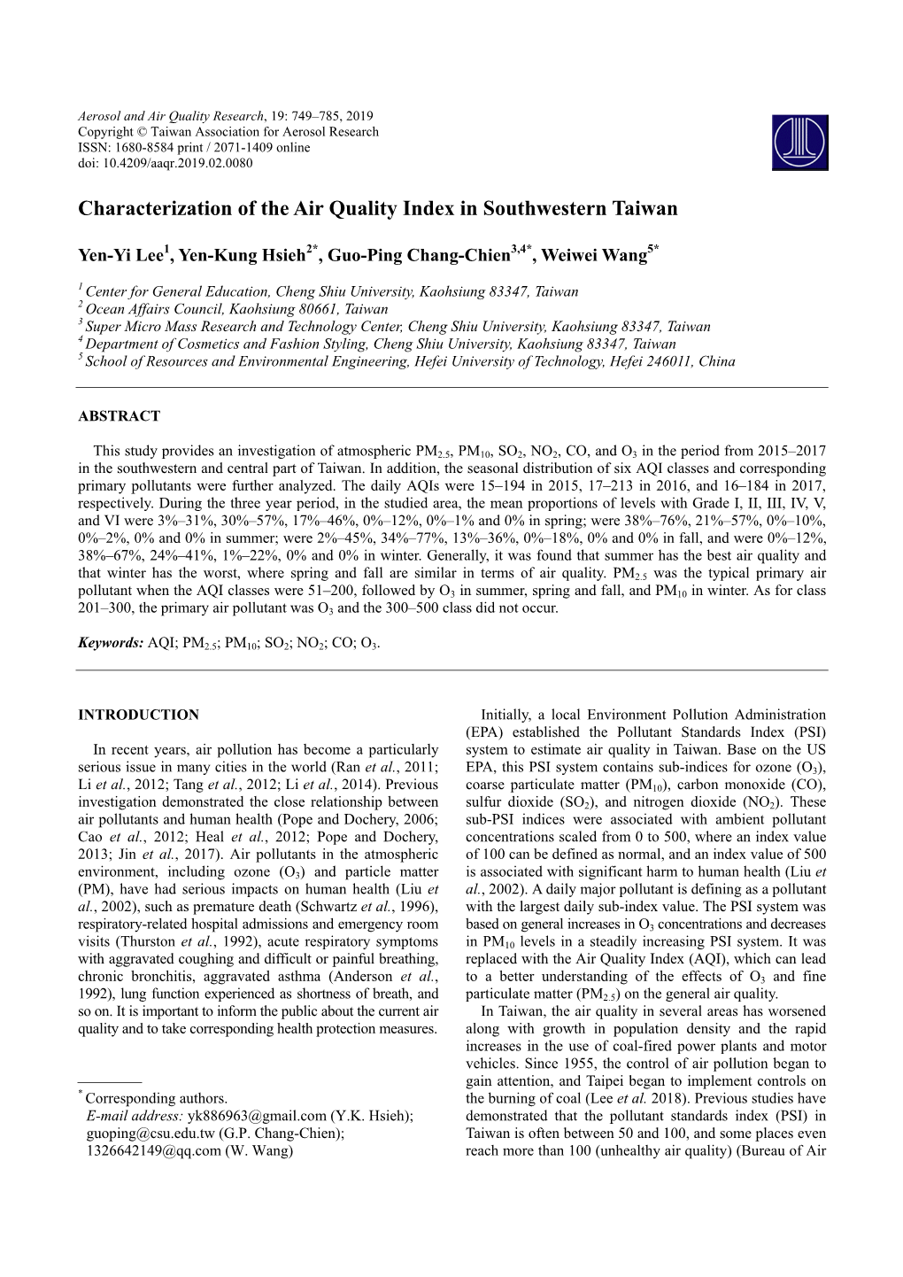 Characterization of the Air Quality Index in Southwestern Taiwan