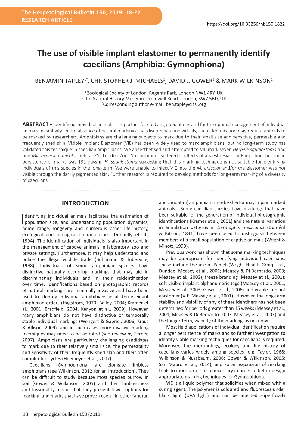 The Use of Visible Implant Elastomer to Permanently Identify Caecilians (Amphibia: Gymnophiona)