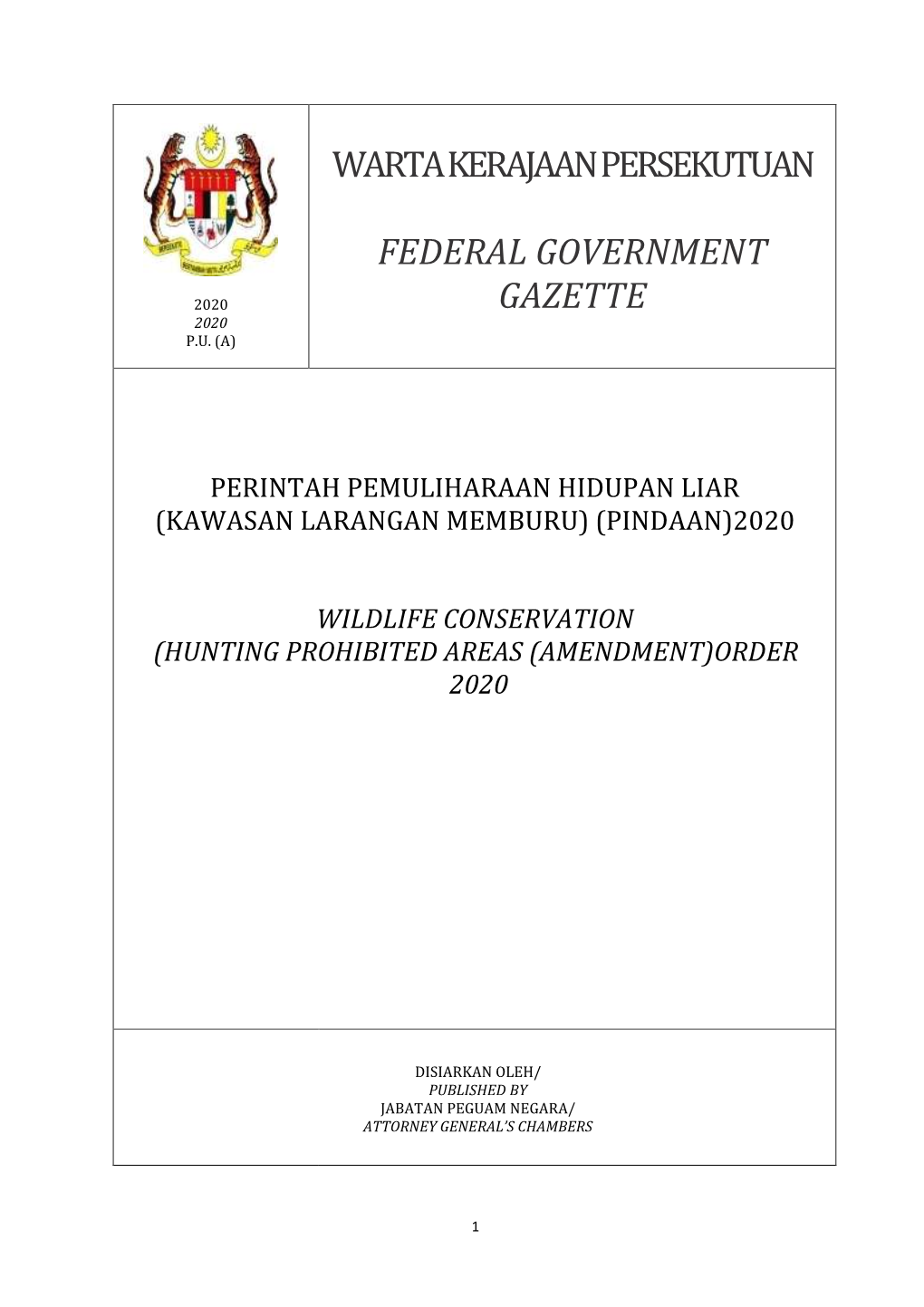 Wildlife Conservation (Hunting Prohibited Areas (Amendment)Order 2020