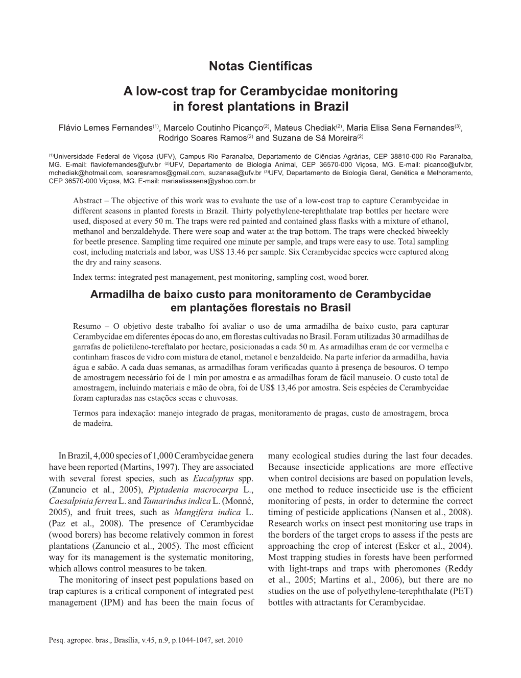 Notas Científicas a Low‑Cost Trap for Cerambycidae Monitoring in Forest Plantations in Brazil