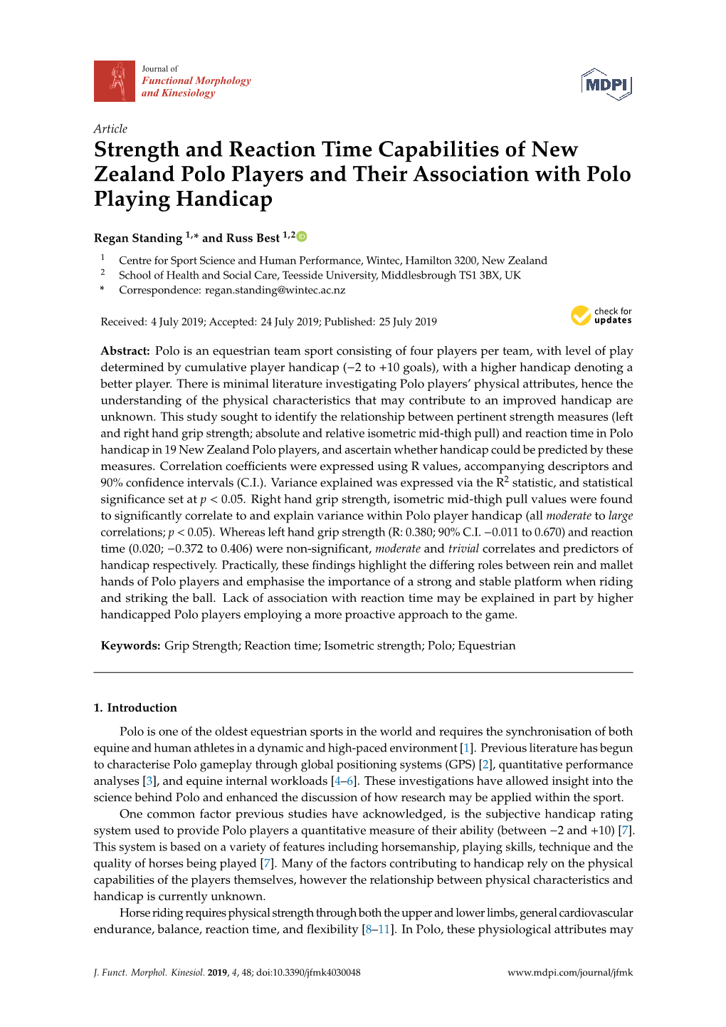 Strength and Reaction Time Capabilities of New Zealand Polo Players and Their Association with Polo Playing Handicap