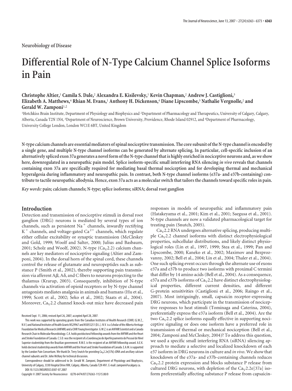 Differential Role of N-Type Calcium Channel Splice Isoforms in Pain