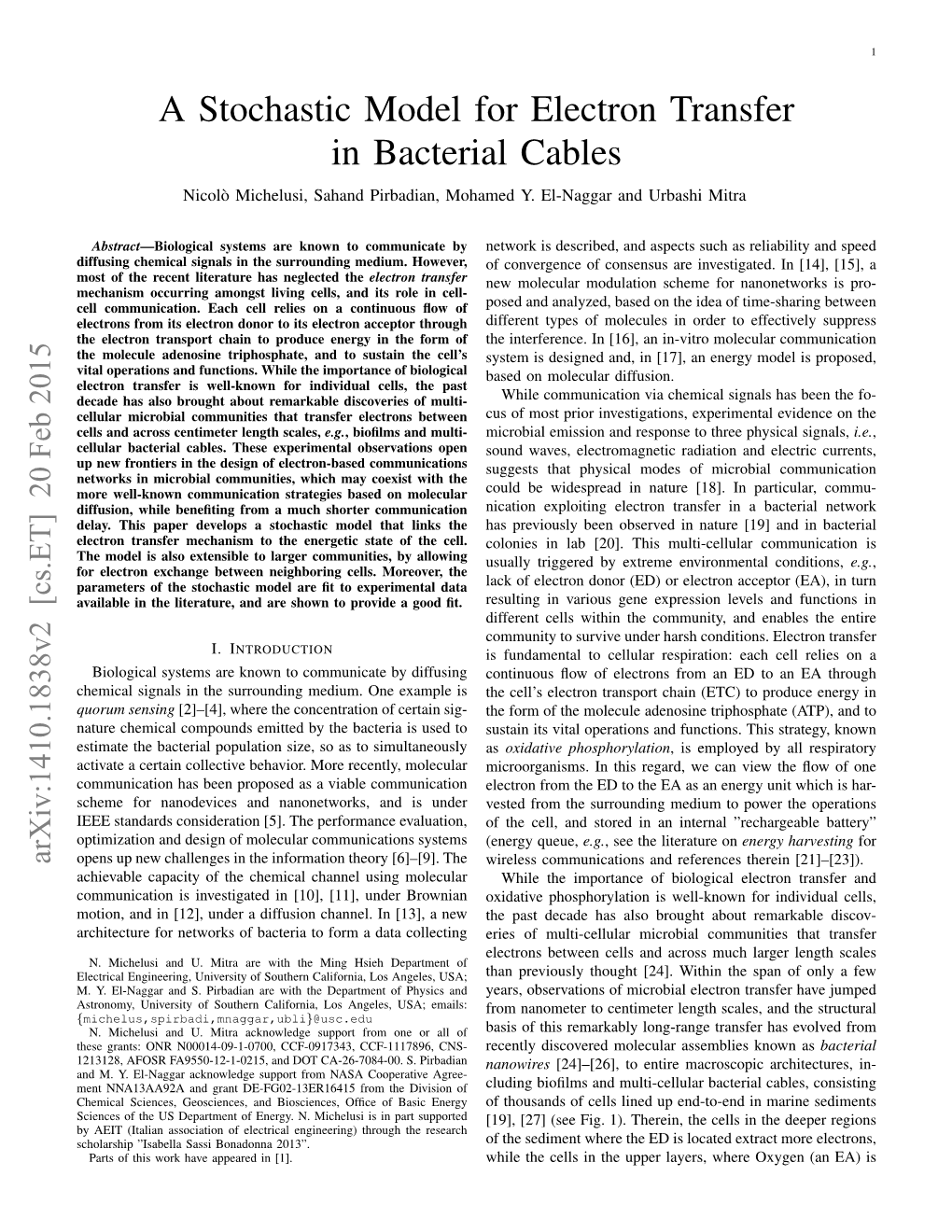 A Stochastic Model for Electron Transfer in Bacterial Cables Nicolo` Michelusi, Sahand Pirbadian, Mohamed Y