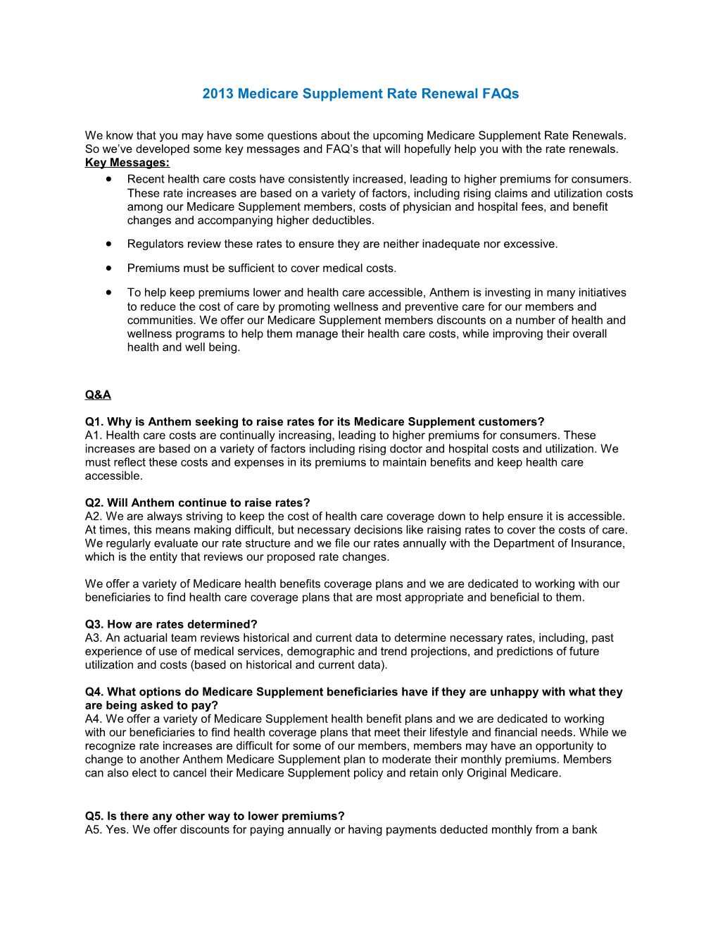 2013 Medicare Supplement Rate Renewal Faqs