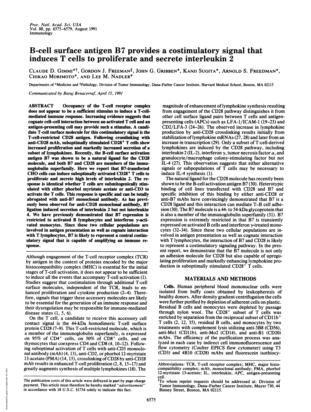 B-Cell Surface Antigen B7 Provides a Costimulatory Signal That Induces T Cells to Proliferate and Secrete Interleukin 2 CLAUDE D