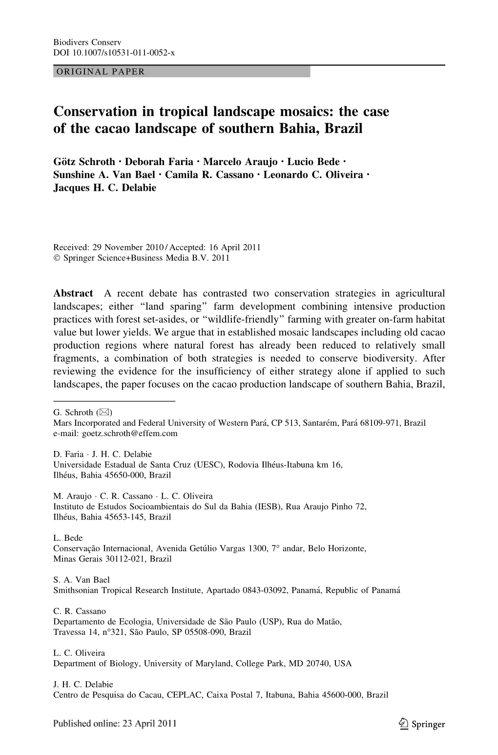 The Case of the Cacao Landscape of Southern Bahia, Brazil