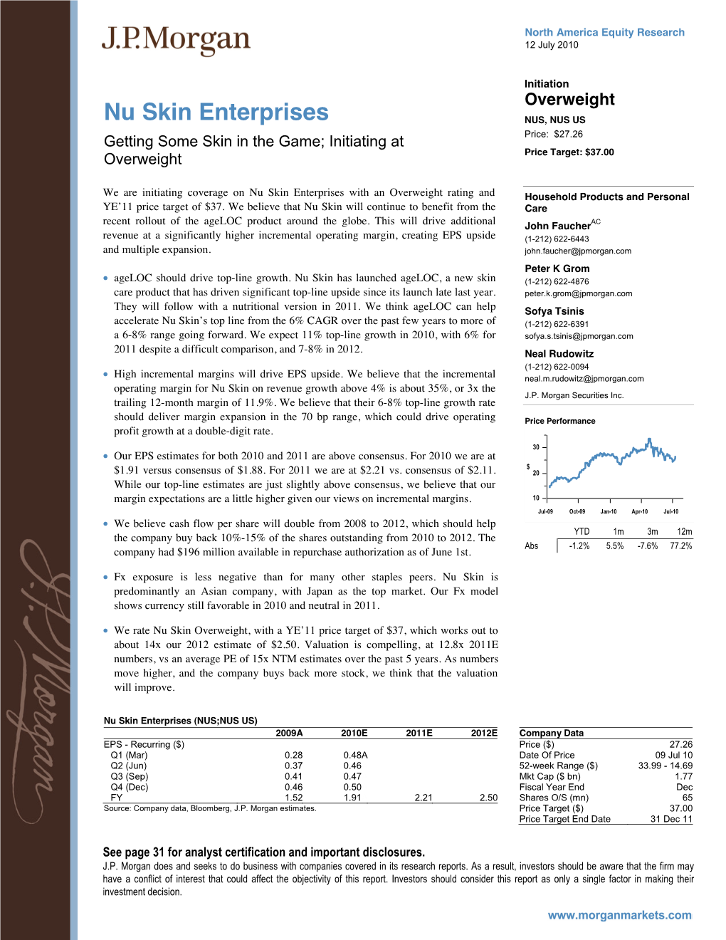 Nu Skin Enterprises NUS, NUS US Getting Some Skin in the Game; Initiating at Price: $27.26 Price Target: $37.00 Overweight