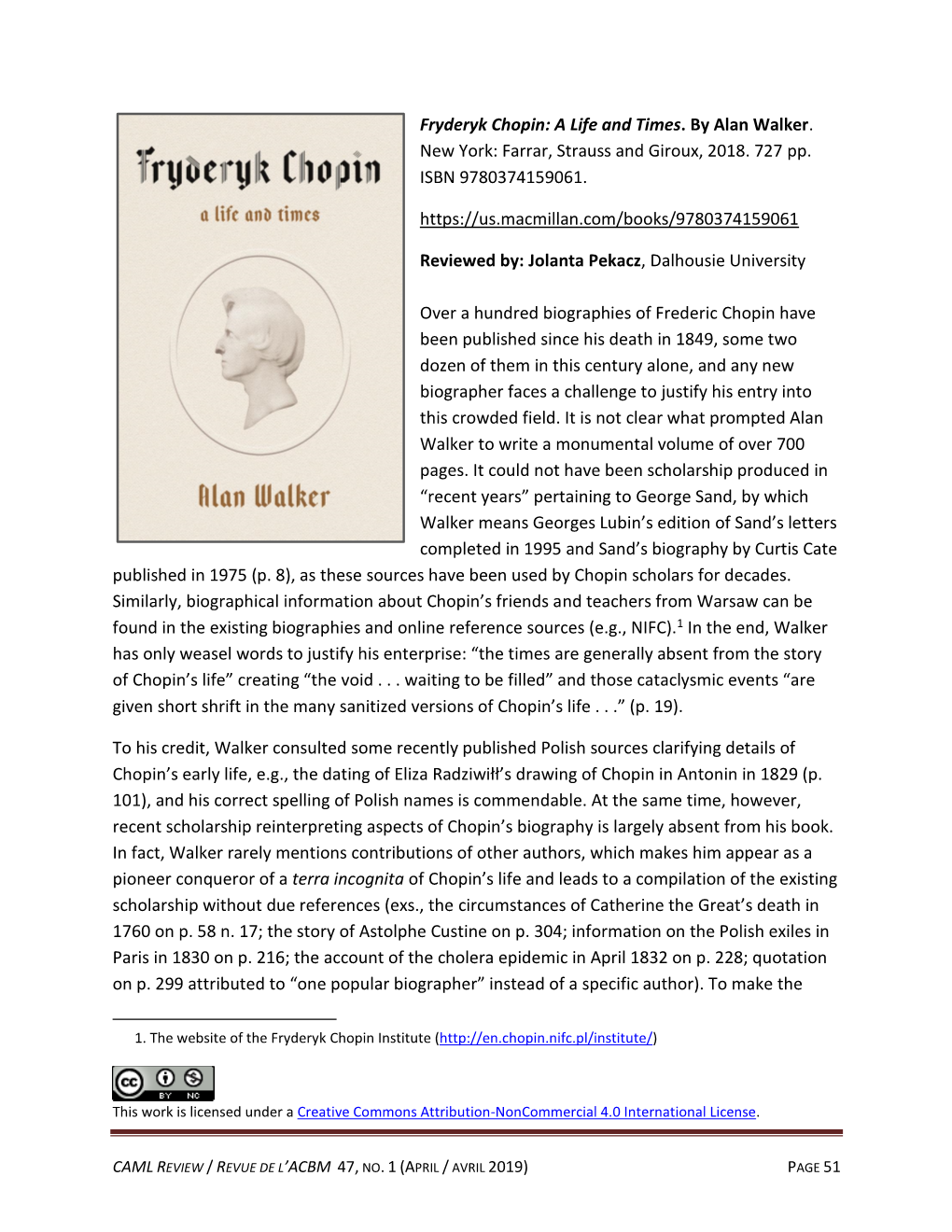 Fryderyk Chopin: a Life and Times. by Alan Walker. New York: Farrar, Strauss and Giroux, 2018