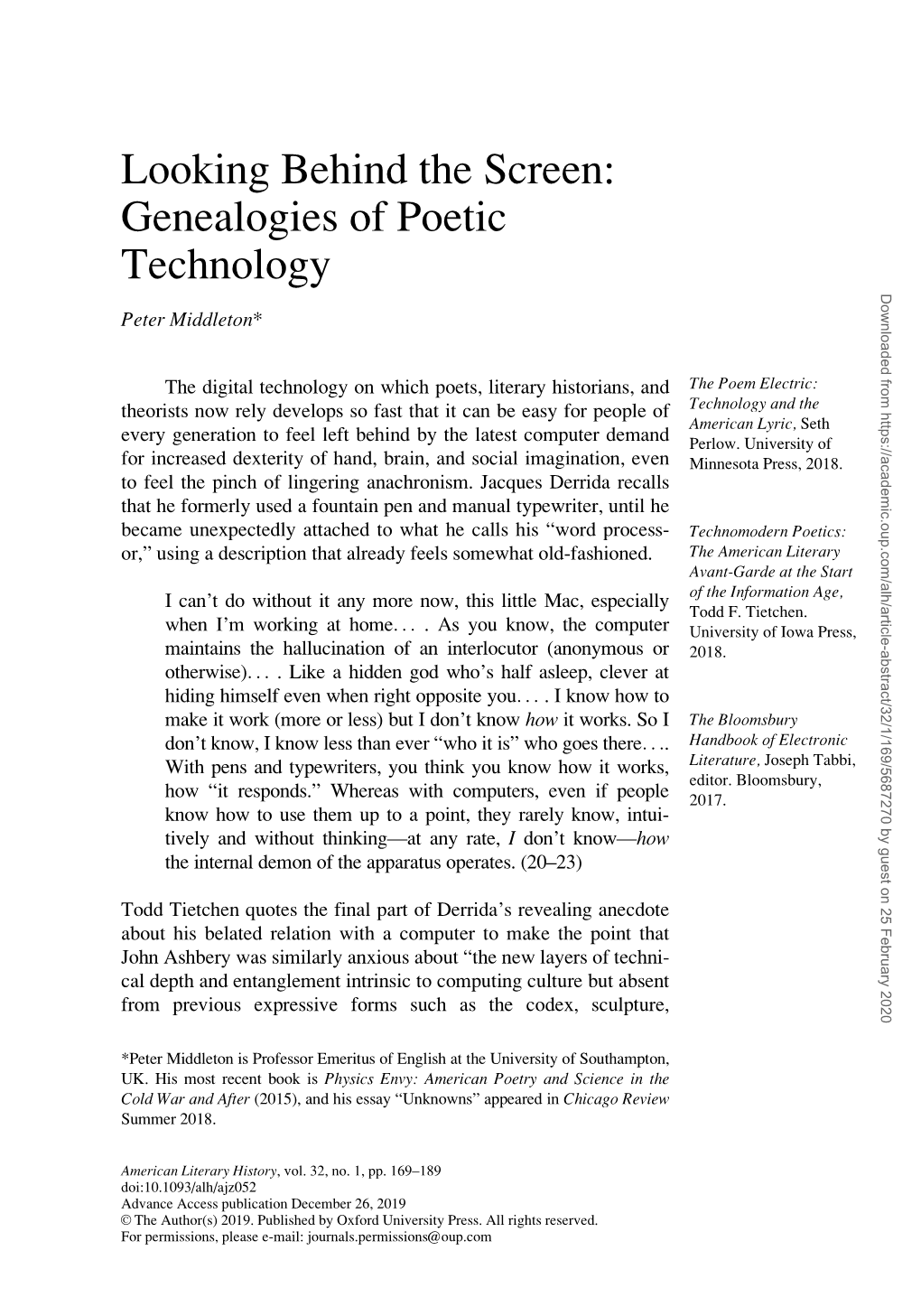 Genealogies of Poetic Technology Downloaded from by Guest on 25 February 2020 Peter Middleton*
