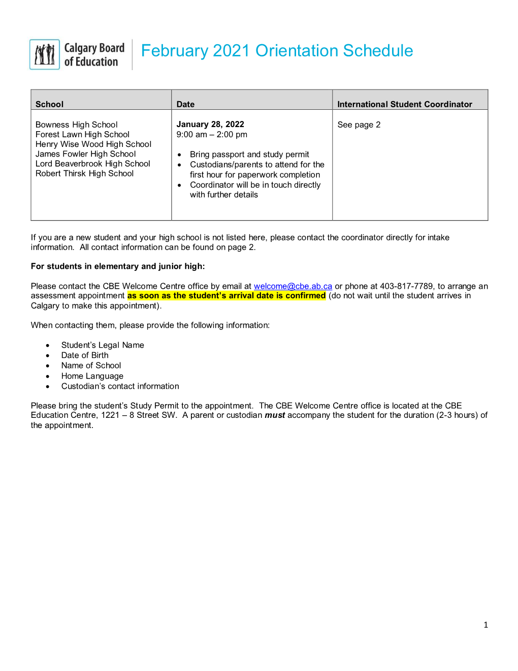 September 2021 Orientation Schedule