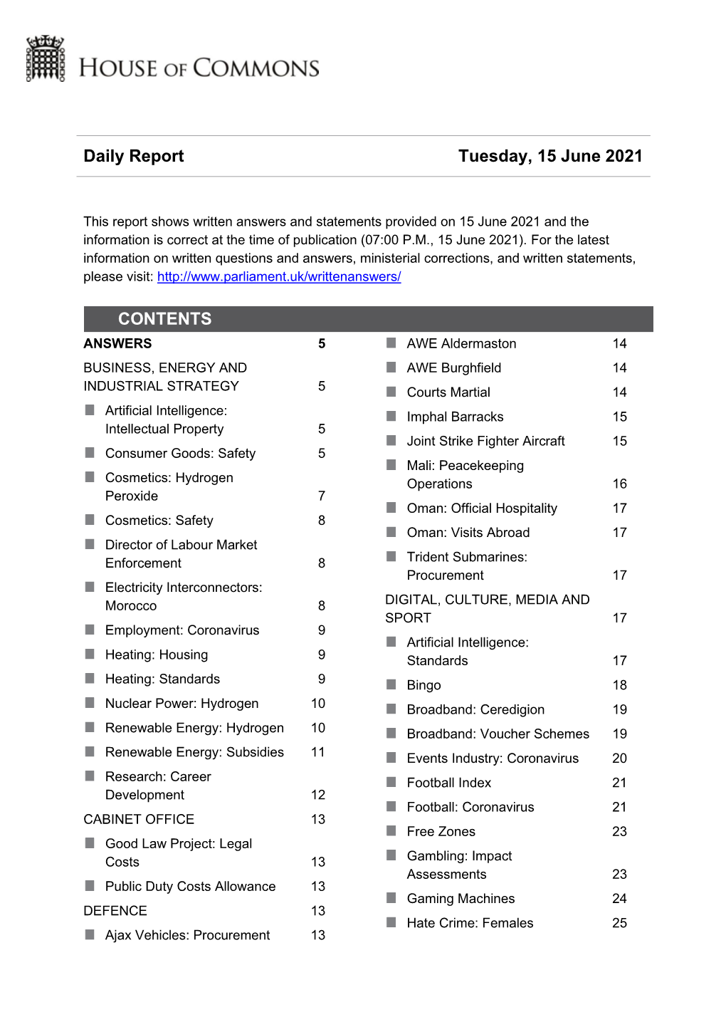 Daily Report Tuesday, 15 June 2021 CONTENTS