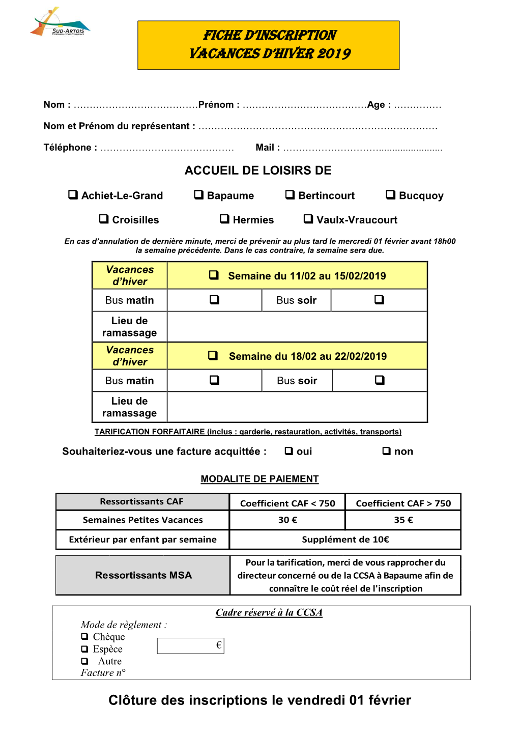 Fiche D'inscription Vacances D'hiver 2019