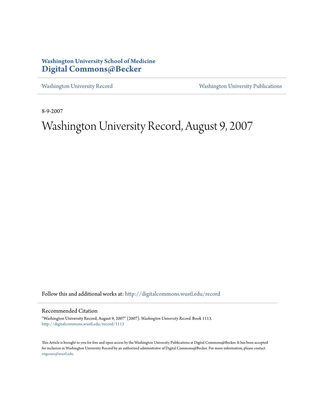 Washington University Record, August 9, 2007