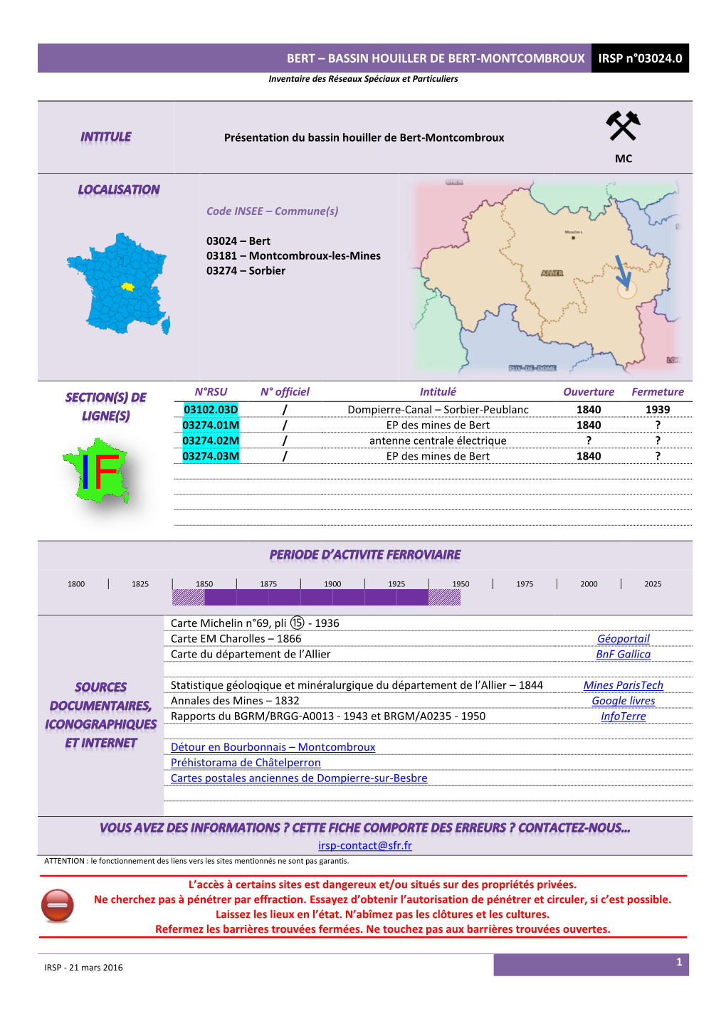 BERT – BASSIN HOUILLER DE BERT-MONTCOMBROUX IRSP N°03024.0 Inventaire Des Réseaux Spéciaux Et Particuliers