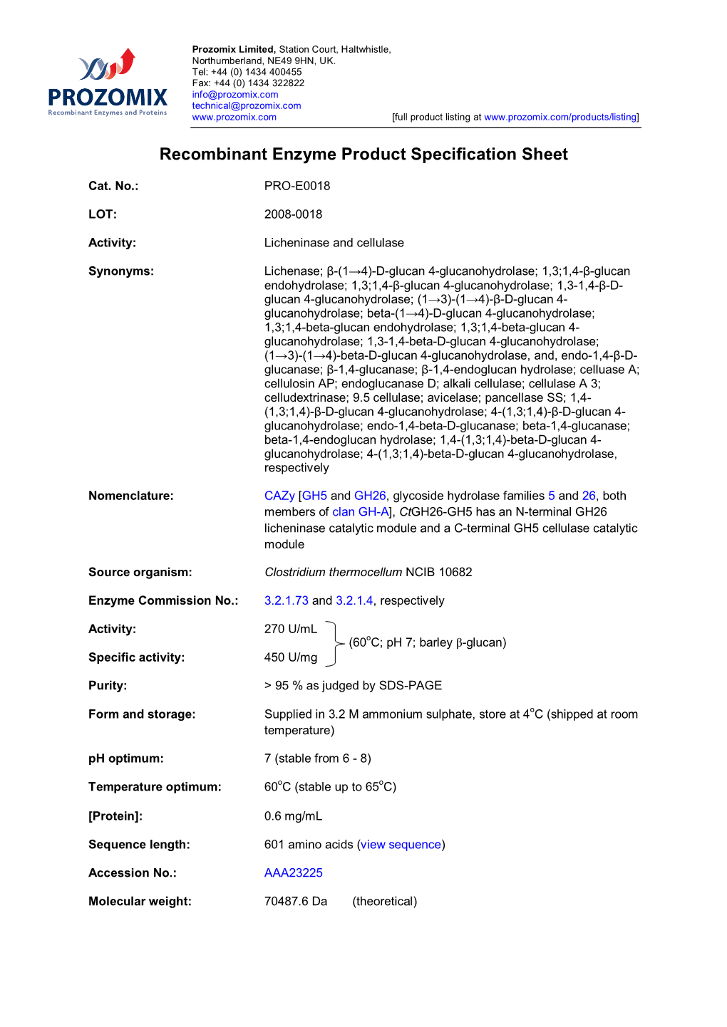 Recombinant Enzyme Product Specification Sheet