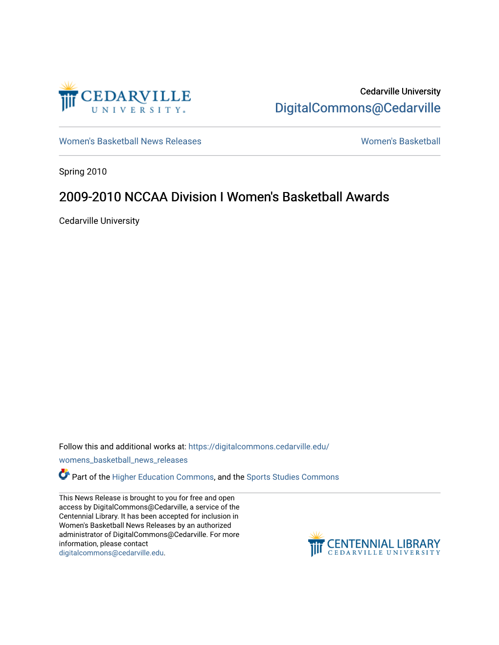 2009-2010 NCCAA Division I Women's Basketball Awards