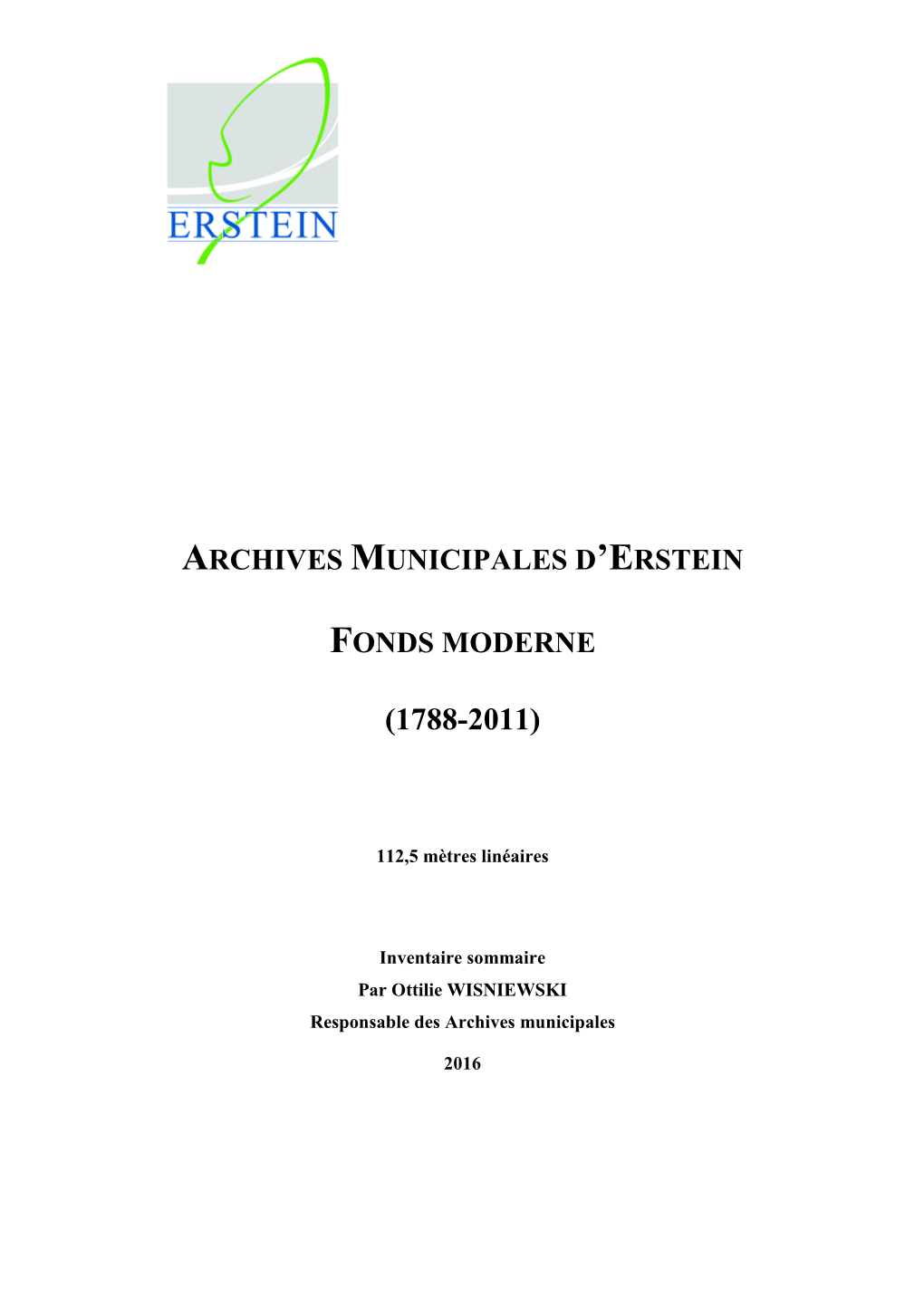Archives Municipales D'erstein Fonds Moderne