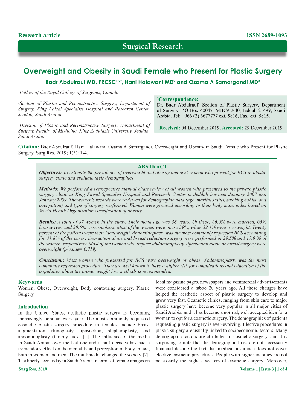 Overweight and Obesity in Saudi Female Who Present for Plastic