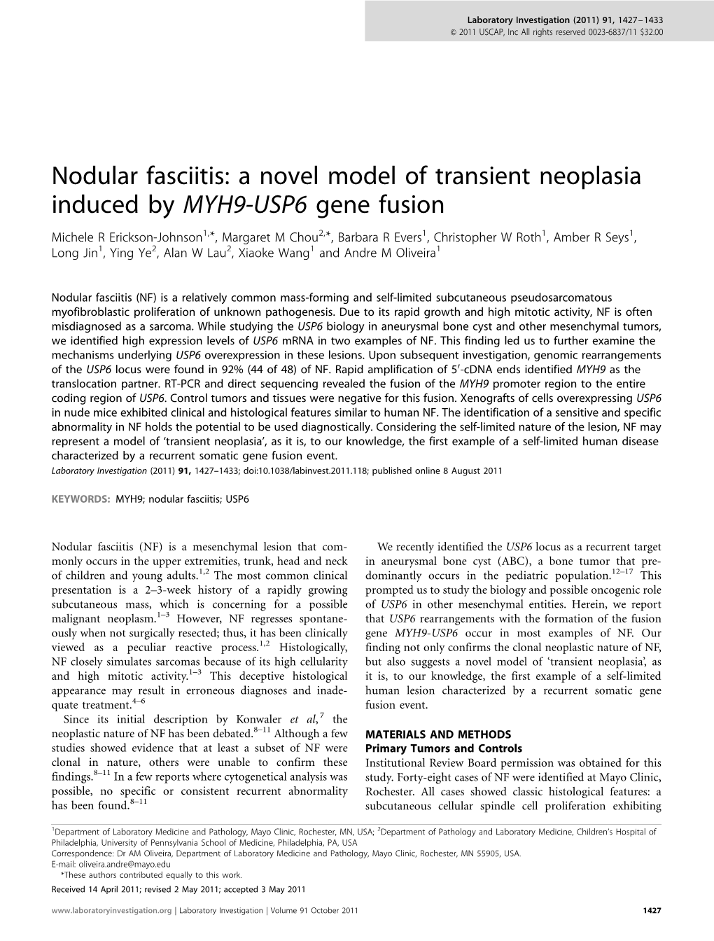 Nodular Fasciitis: a Novel Model of Transient Neoplasia Induced by MYH9-USP6 Gene Fusion