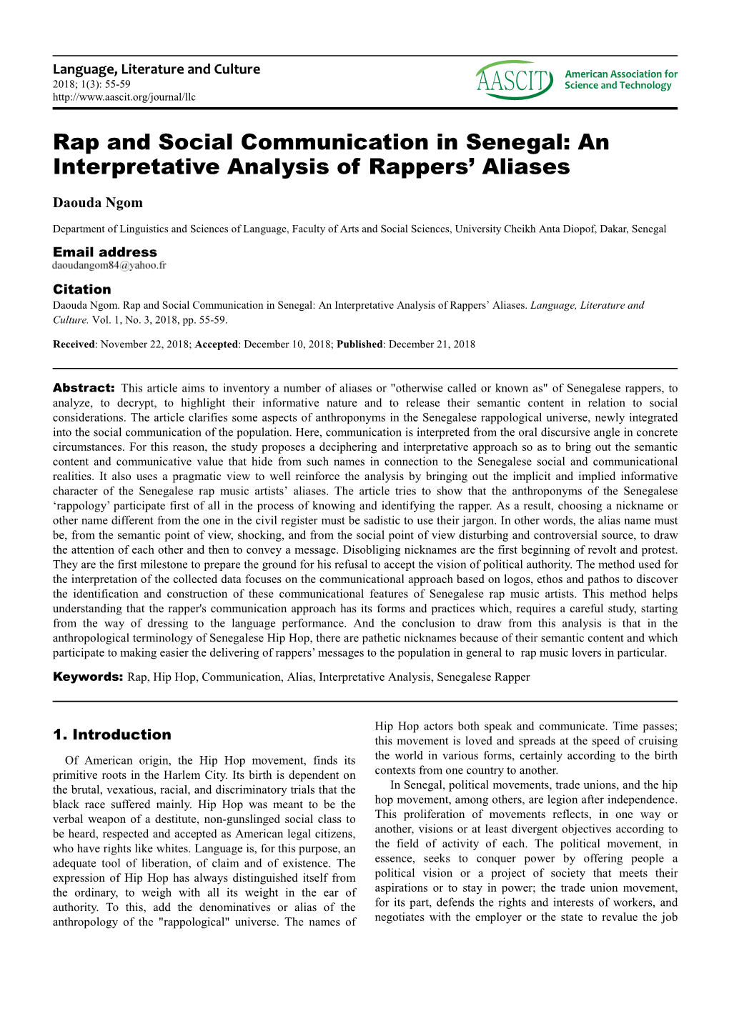 Rap and Social Communication in Senegal: an Interpretative Analysis of Rappers' Aliases