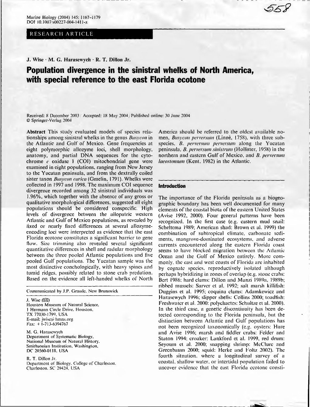 Population Divergence in the Sinistral Whelks of North America, with Special Reference to the East Florida Ecotone