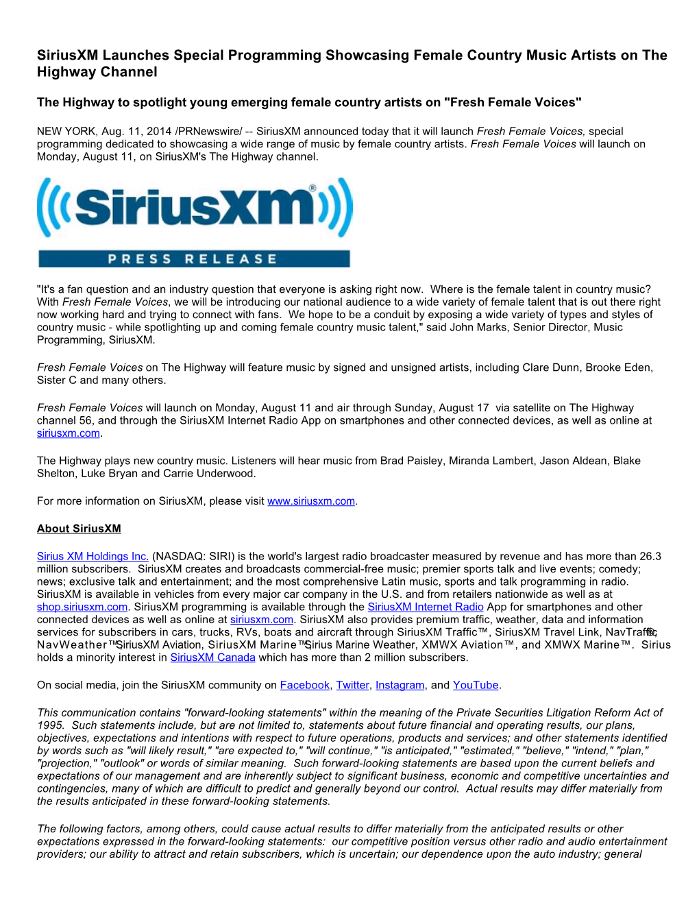 Siriusxm Launches Special Programming Showcasing Female Country Music Artists on the Highway Channel