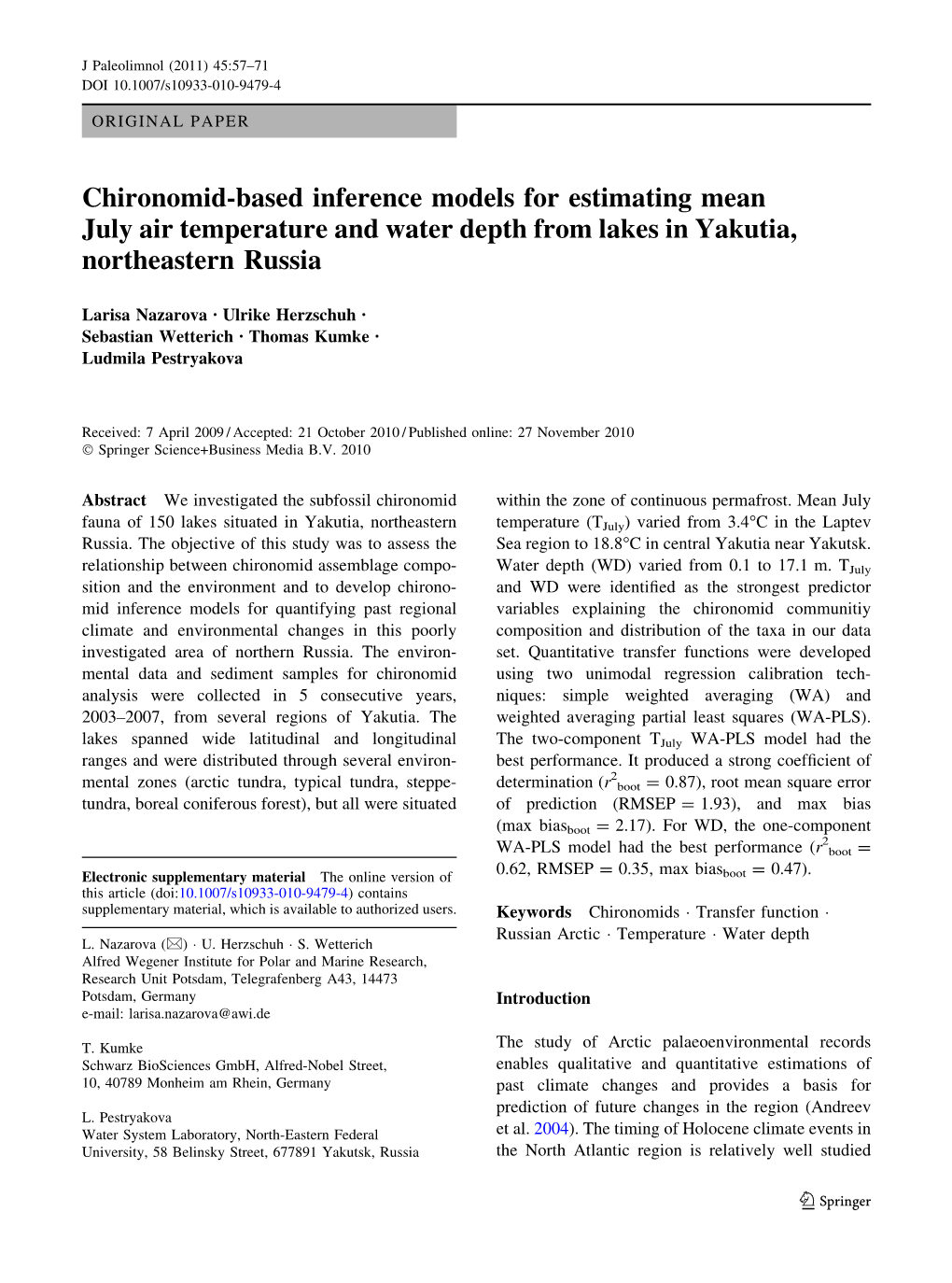 Chironomid-Based Inference Models for Estimating Mean July Air Temperature and Water Depth from Lakes in Yakutia, Northeastern Russia