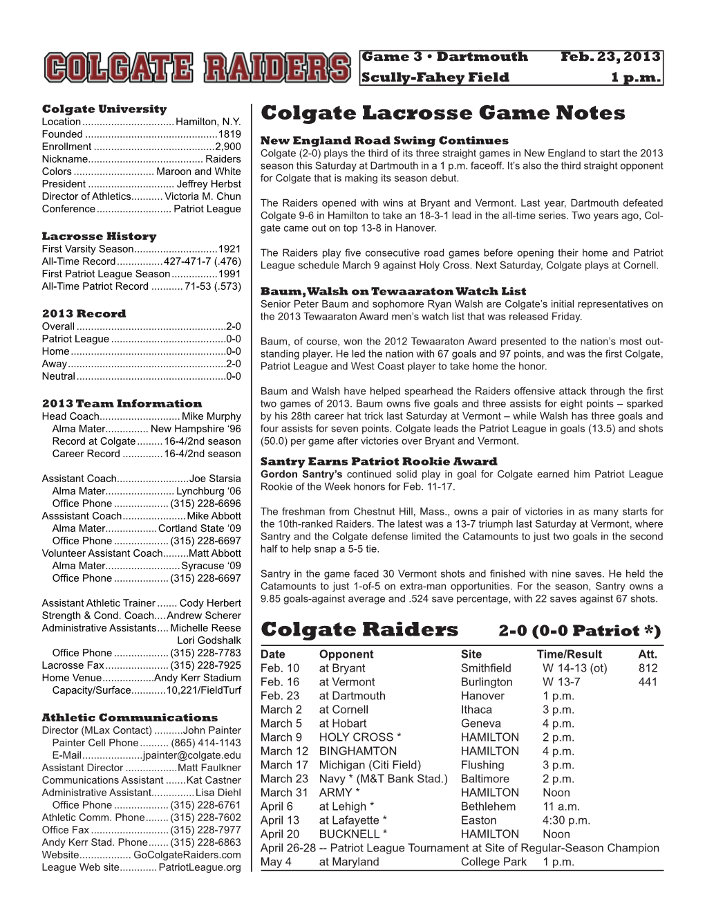 Colgate Lacrosse Game Notes Founded