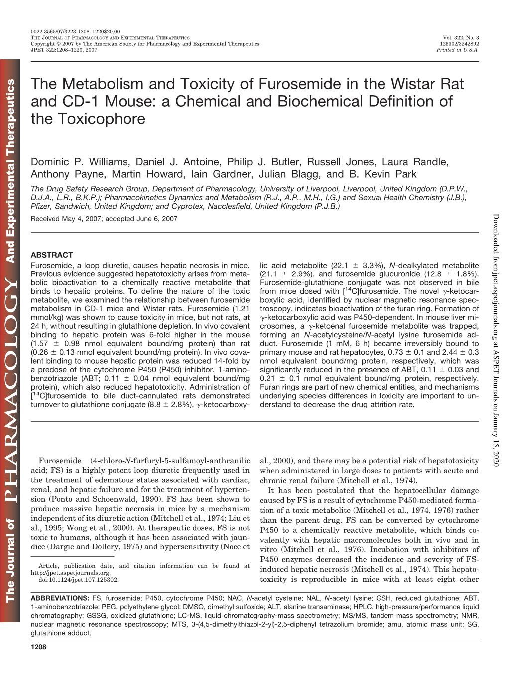 The Metabolism and Toxicity of Furosemide in the Wistar Rat and CD-1 Mouse: a Chemical and Biochemical Definition of the Toxicophore