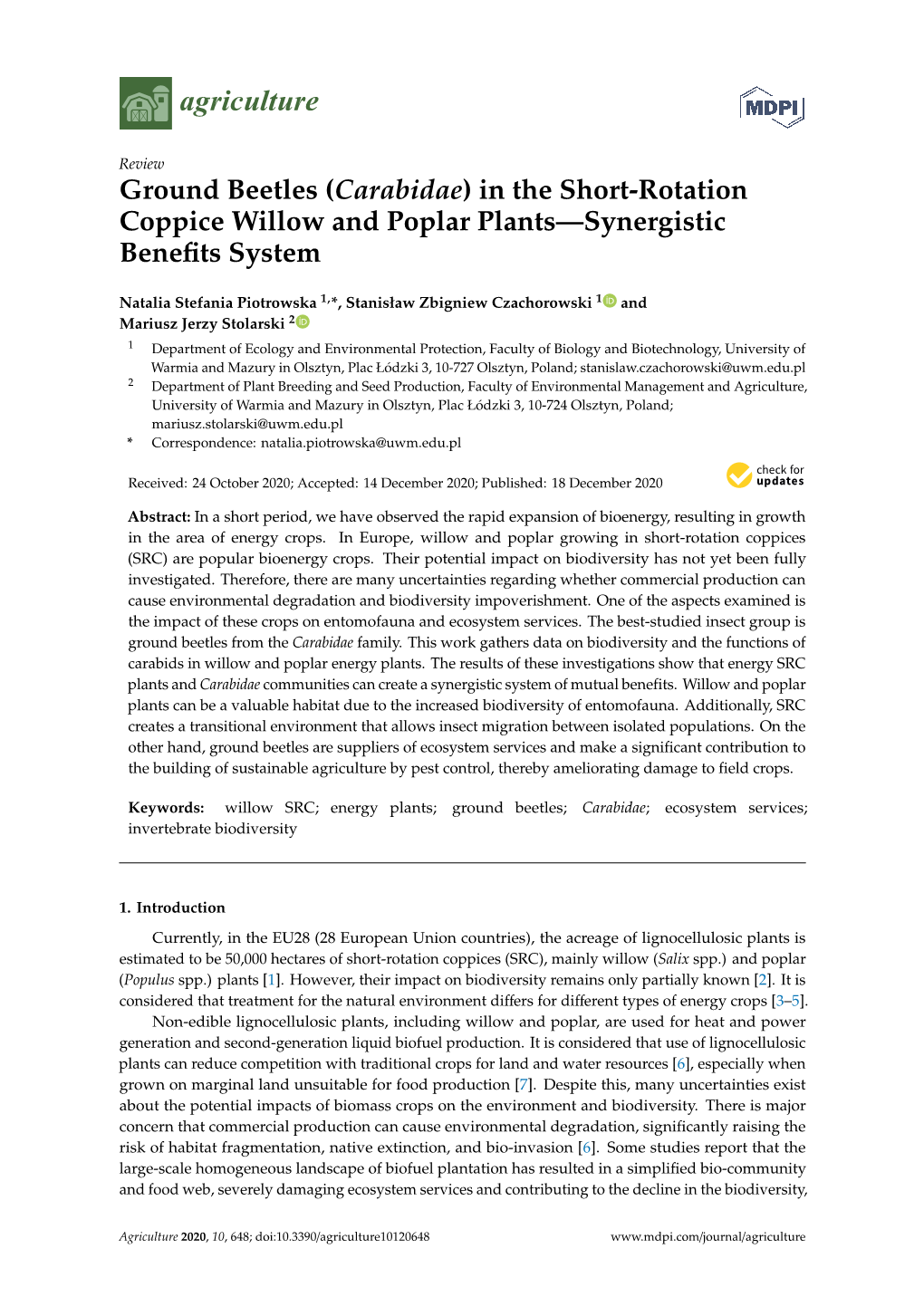 Ground Beetles (Carabidae) in the Short-Rotation Coppice Willow and Poplar Plants—Synergistic Beneﬁts System