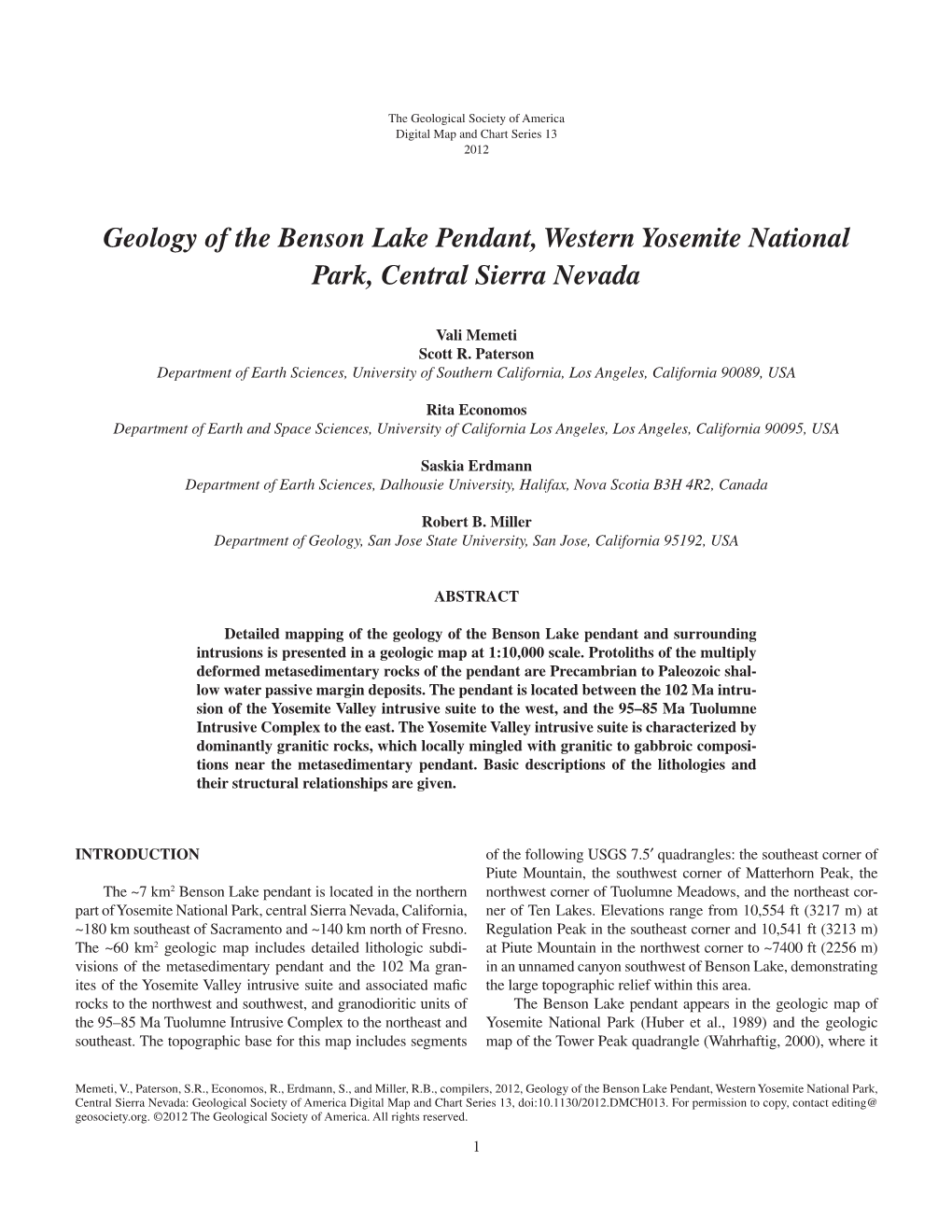 Geology of the Benson Lake Pendant, Western Yosemite National Park, Central Sierra Nevada