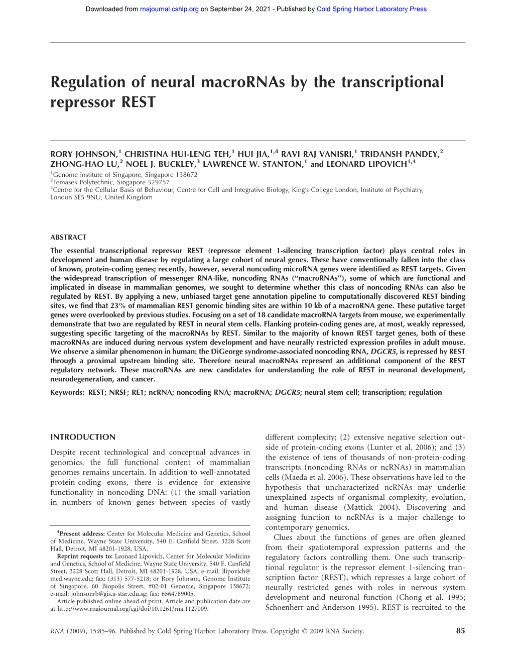 Regulation of Neural Macrornas by the Transcriptional Repressor REST