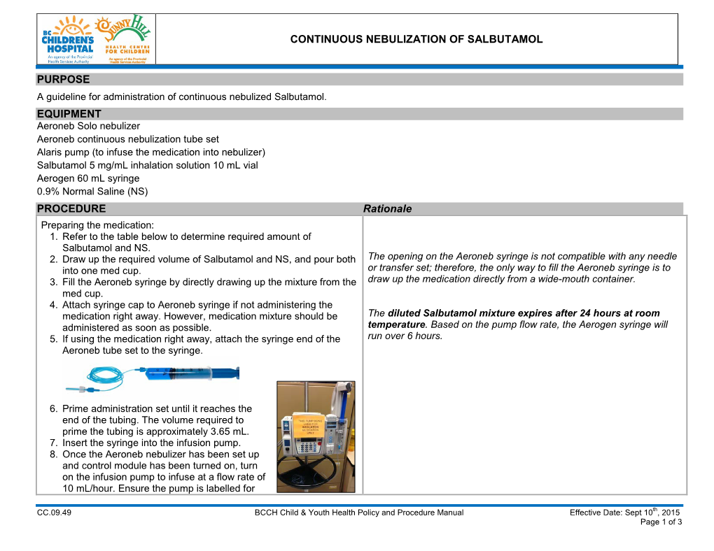 Continuous Nebulization of Salbutamol Purpose