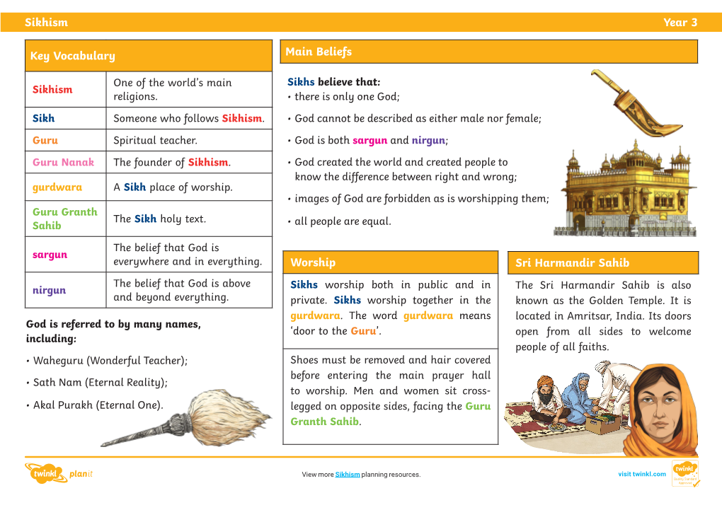 Sikhism Year 3 Key Vocabulary Worship Main Beliefs Sri Harmandir