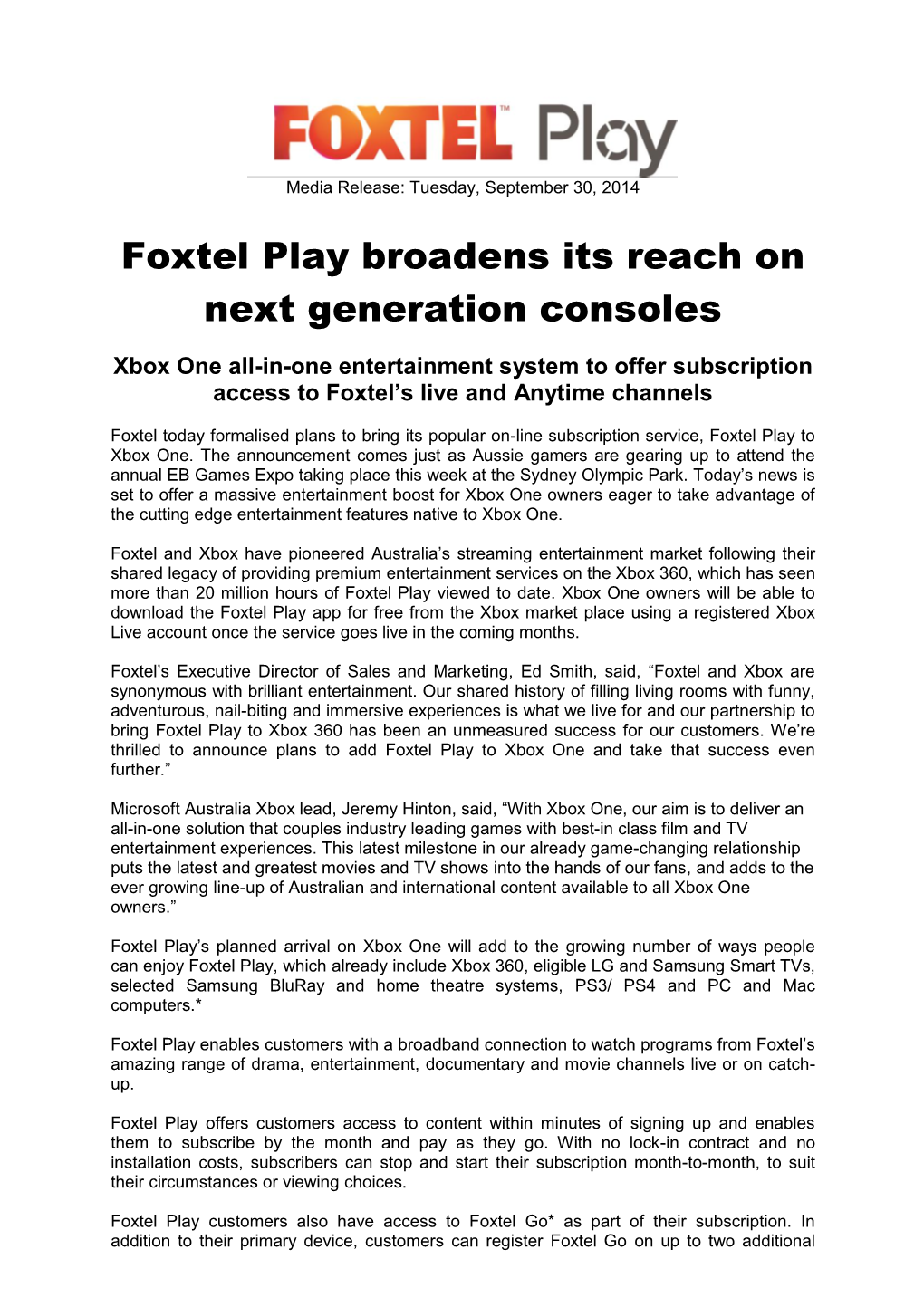 Foxtel Play Broadens Its Reach on Next Generation Consoles