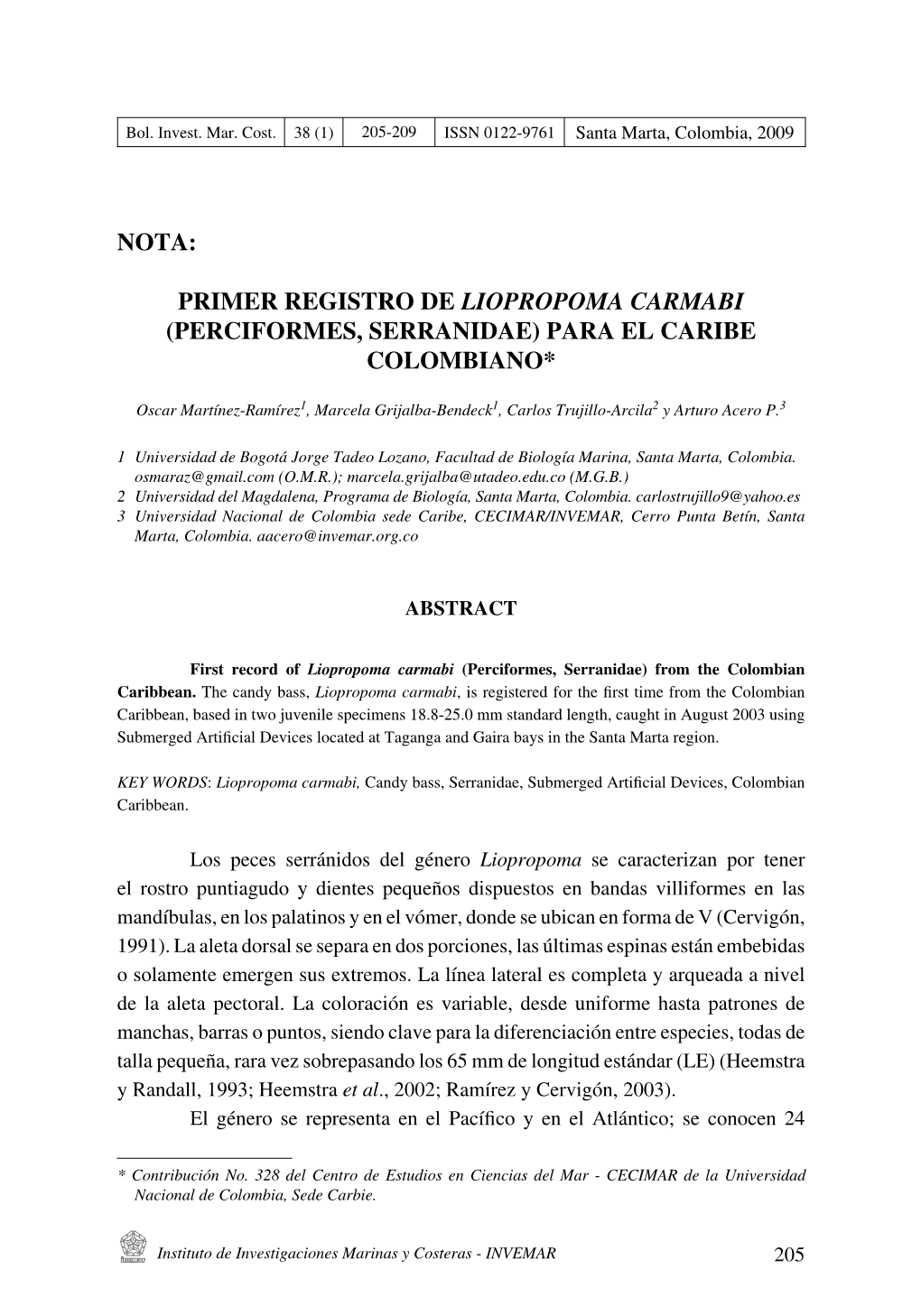 Nota: Primer Registro De Liopropoma Carmabi (Perciformes, Serranidae)