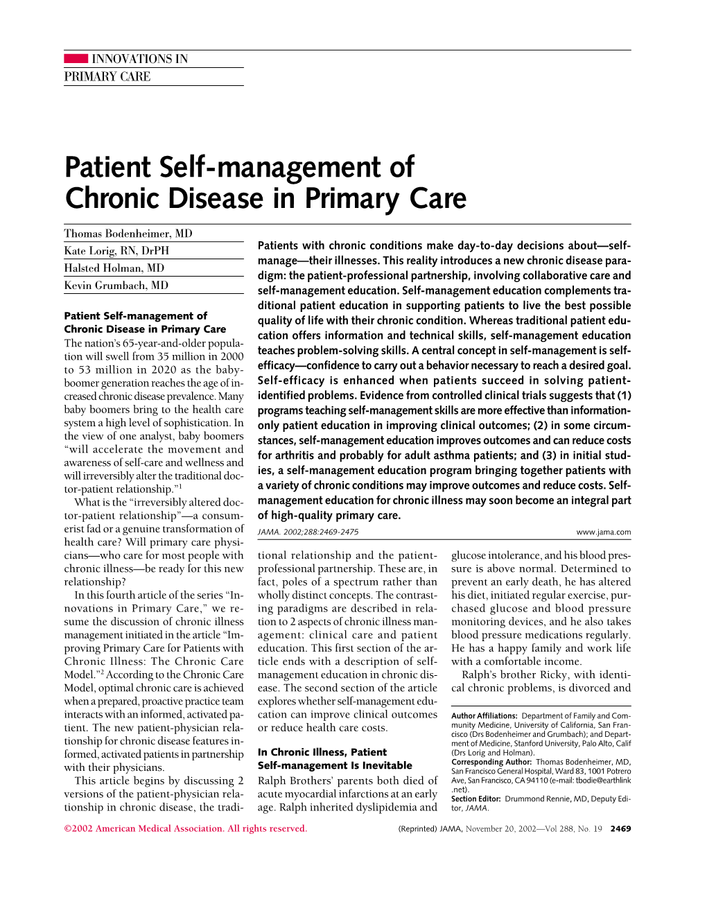 Patient Self-Management of Chronic Disease in Primary Care