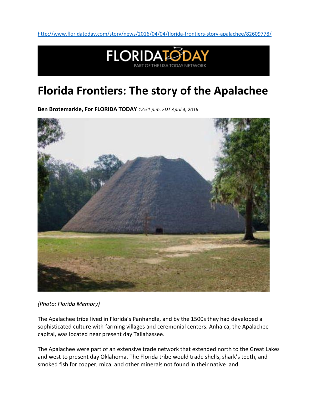Florida Frontiers: the Story of the Apalachee Florida Frontiers: the Story of the Apalachee