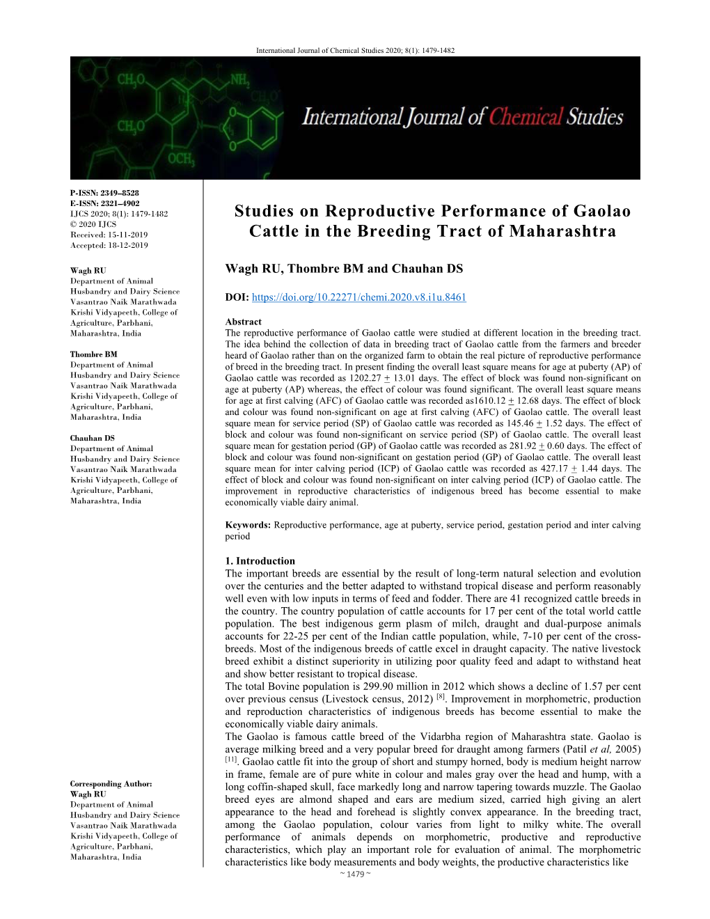 Studies on Reproductive Performance of Gaolao Cattle in the Breeding