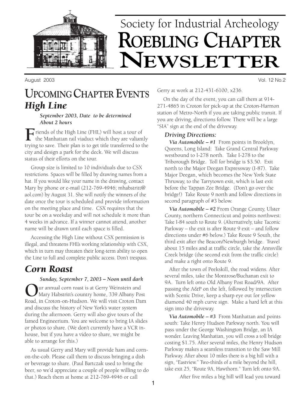 Society for Industrial Archeology ROEBLING CHAPTER NEWSLETTER