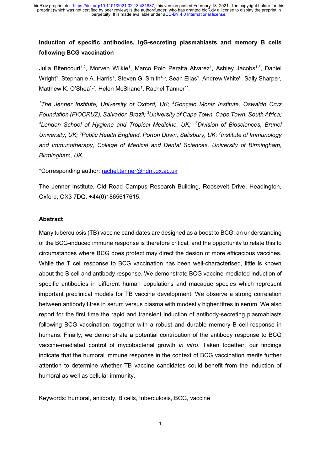 Induction of Specific Antibodies, Igg-Secreting Plasmablasts and Memory B Cells Following BCG Vaccination