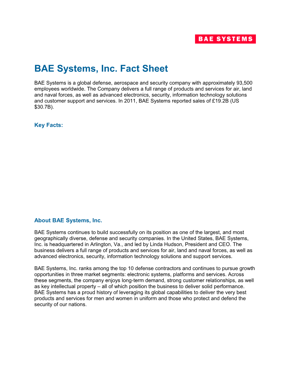 BAE Systems, Inc. Fact Sheet