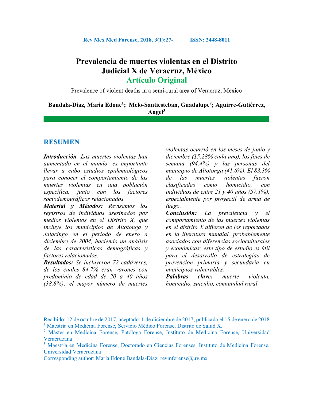 Prevalencia De Muertes Violentas En El Distrito Judicial X De Veracruz, México Artículo Original